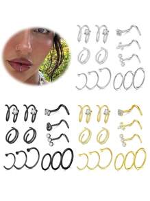 AVYRING Juego de 13 piezas de aretes y pendientes para la nariz - Joyas para perforación nasal de 20G (plata/negro/oro) - Acero inoxidable hipoalergénico, pendientes con CZ, aros dobles, anillos en C