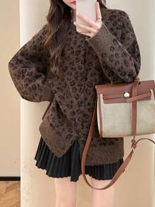 Alicedudu Women's Vintage Leopard Print Crew Neck Cardigan, Autumn/Winter