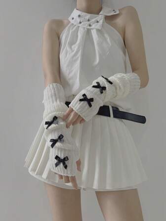 1 Pair Lovely Women Fashion Arm Sleeve With Bow Decoration Retro Knit Hand Warmers With Finger Hole Japanese Minimalist Style European And American Hot Girl Style Suitable For Daily/Gathering Wear Valentine's Day Valentines