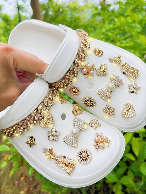 22pcs Gold Color Crystal, Pearl, Bowknot Decoration Charms For Shoes, Detachable Garden Shoes Accessories