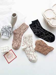 5 Pares (Cores/Padrões Aleatórios) Meias de Bezerro para Mulheres no Estilo Countryside com Desenho de Gato, Coelho Azul e Flor, Fofas e Confortáveis, Novos Estilos