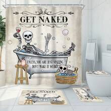 Fun Skeleton Polyester Shower Curtain Set - 1pc/4pcs Waterproof Bathroom Decor With 12 Hooks, Anti-Slip Bath Mat, U-Shaped Toilet Mat, Toilet Lid Cover Back To School
