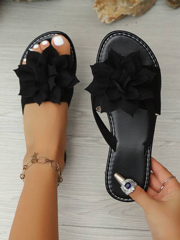 Chanclas de mujer de un solo pieza con estampado de flores de verano, planas, cómodas, de moda y casuales