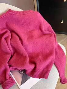 Women's Polyester Casual Solid Ribbed Loose Sweater, Rose Red, Everyday Autumn/Winter - Hot Pink - View 5