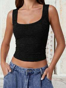 Women's Lace Tank Tops Sleeveless Square Neck Solid Color Slim Fit Tops Casual Summer Shirts - Black - View 4