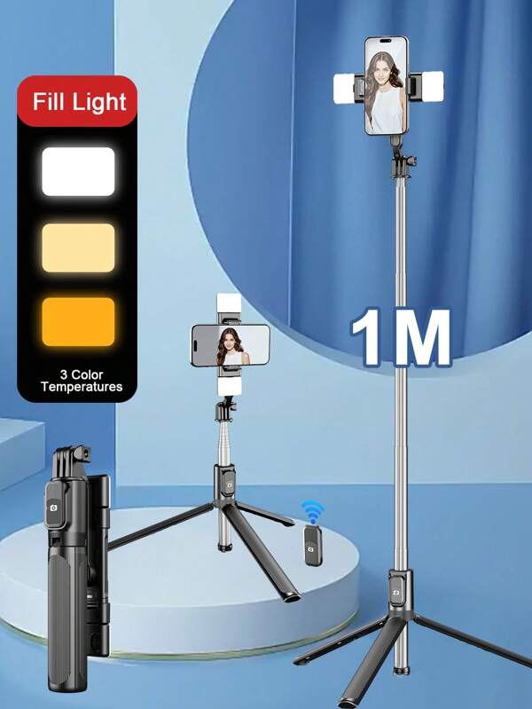 1M Bluetooth Wireless Selfie Stick Tripod, Equipped With LED 3-Color Fill Light, 360° Rotating Stainless Steel Portable Mobile Phone Stand, Lightweight And Portable, Compatible With IPh One16 15 14 13 12 11e/Max/ Pro /Xs/ Xr/X/Plus Sam Sung Galaxy S25/S24/S23 /S22Ultra, Android Smartphones Such As And , GoPro, Suitable For Travel/Selfies
