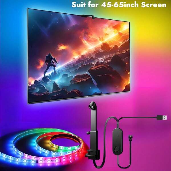RGB+IC LED-verlichting voor tv-achtergrondverlichting, USB-aangedreven achtergrondverlichtingsset met camera, kleurveranderende stripverlichting voor 45-75 inch tv's, sfeerverlichting voor gaming en thuisbioscoop