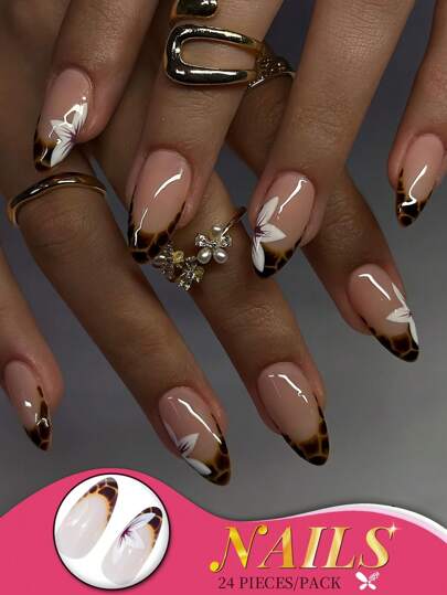 24 piezas de uñas postizas de estilo francés con punta de leopardo color nude, diseño floral brillante. Incluye adhesivo de gelatina y lima de uñas. Cómodas, fáciles de aplicar y con brillo duradero, perfectas para mujeres, fiestas y uso diario.