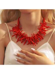 1 peça Corrente de clavícula com contas de coral vermelho, moderna e criativa, estilo férias, praia, férias, festa diária, joias versáteis, corrente de clavícula