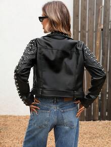 Women's Faux Leather Studded Jacket Moto Biker Short Rhinestones PU Long Sleeve Punk Fashion Coat