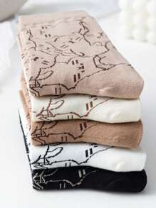 5 Pares (Cores/Padrões Aleatórios) Meias de Bezerro para Mulheres no Estilo Countryside com Desenho de Gato, Coelho Azul e Flor, Fofas e Confortáveis, Novos Estilos