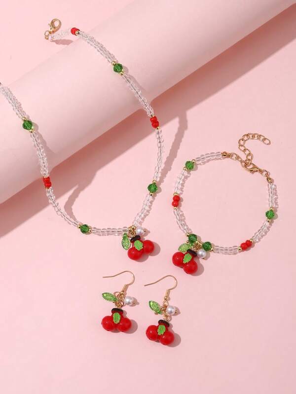 4pcs/Set Girls Cute Summer Fruit Cherry Strawberry Grape Beaded Necklace Bracelet Earring Jewelry Gift Set