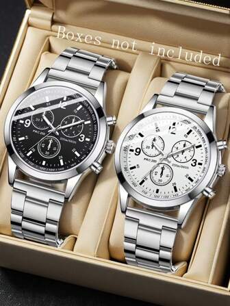 2 Pieces Men's Silver Strap Fashionable And Simple Mixed Scale Three Eye Strap Quartz Watch Set Suitable For Daily Wear Decoration Or Holiday Gifts