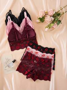 Set de 3 piezas Ropa interior de mujer con encaje francés romántico y sexy, que incluye sujetador sin aros con espalda descubierta y camiseta