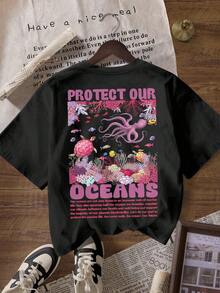 Protect Our Oceans Shark, Save The Ocean, Respect The Locals Graphic T-Shirt, Women Casual Round Neck Short Sleeve - Black - View 2
