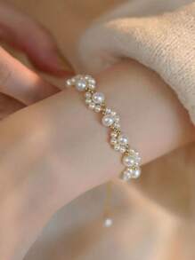 1pc Elegant Faux Pearl Braided Cat Scratch Bracelet, Fashionable Cute Bridal Accessory Gift For Friends, Mother