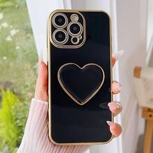 Plated Heart Stand & Plated Phone Case, Compatible With IPhone 17 16e 15 14 13 12 11 XS XR X 7 8 Plus Pro Max Galaxy S25 S24U S23 A55 A54 A35 A25 A15 A16 A17 A07 A06 REDMI NOTE 14/13/12/11/10/9/8 A5/A3, Electroplated Protective Cover - Black - View 6