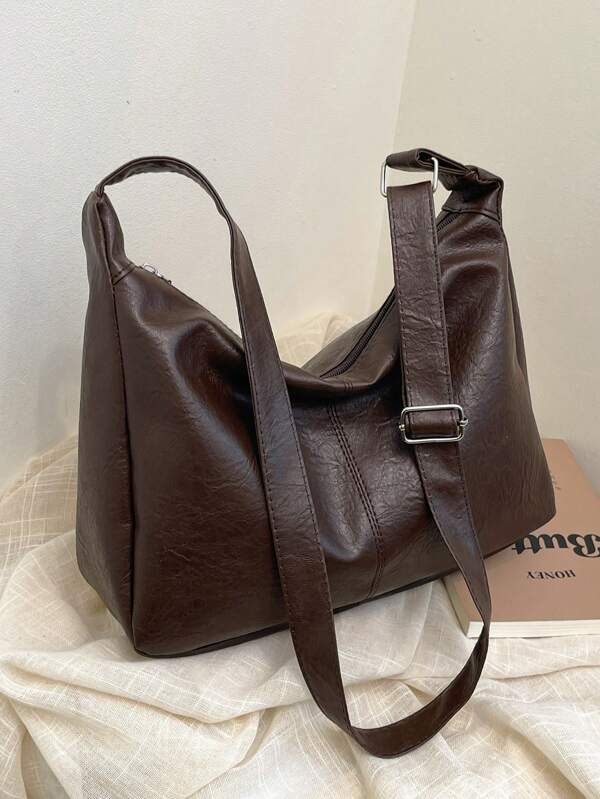 Sac à épaule en PU doux de couleur unie à la mode pour femmes, sac bandoulière vintage polyvalent de grande capacité pour l'école, le bureau, les déplacements quotidiens. Sac à main élégant et porte-monnaie zippé, sacs cabas décontractés légers pour les cadeaux de vacances