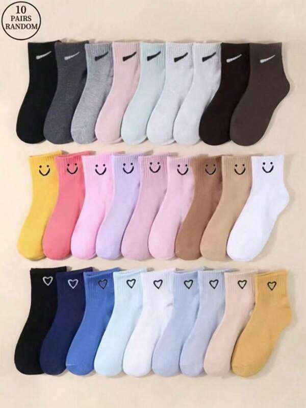 10 Pairs Women Assorted Pattern Socks With Faces And Heart Designs