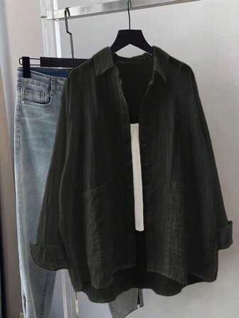 大码女式口袋衬衫，纯色长袖休闲宽松衬衫，秋季