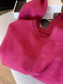 Women's Polyester Casual Solid Ribbed Loose Sweater, Rose Red, Everyday Autumn/Winter - Hot Pink - View 2