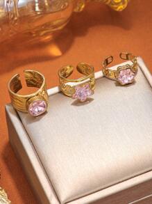 3pcs/Set Stainless Steel Gold & Pink Tone Gemstone Rings, Suitable For Women Daily Accessories Or Gifts