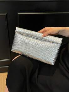 Bolso de mano de color sólido a la moda, de material PU, gran capacidad, con cierre magnético y solapa, bolso cuadrado con patrón de cocodrilo para mujer. - Plateado - Ver 5
