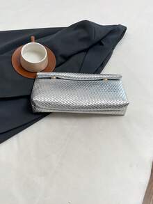 Bolso de mano de color sólido a la moda, de material PU, gran capacidad, con cierre magnético y solapa, bolso cuadrado con patrón de cocodrilo para mujer. - Plateado - Ver 7