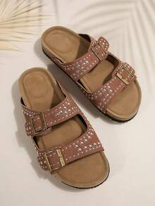 大码女式夏季新款休闲凉鞋，轻便舒适铆钉金属扣细带一脚蹬厚底沙滩度假平底凉鞋 - 棕 - 查看 2