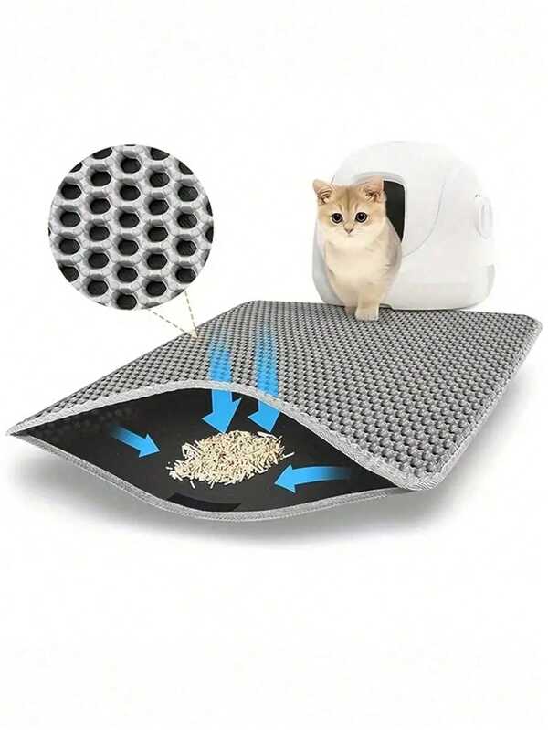 Cat Litter Mat Grey Trapping For Litter Box, No Slip & Large, Urine & Waterproof, Honeycomb Double Layer Anti Tracking Kitty Mats, No Phthalate, Washable Easy Clean