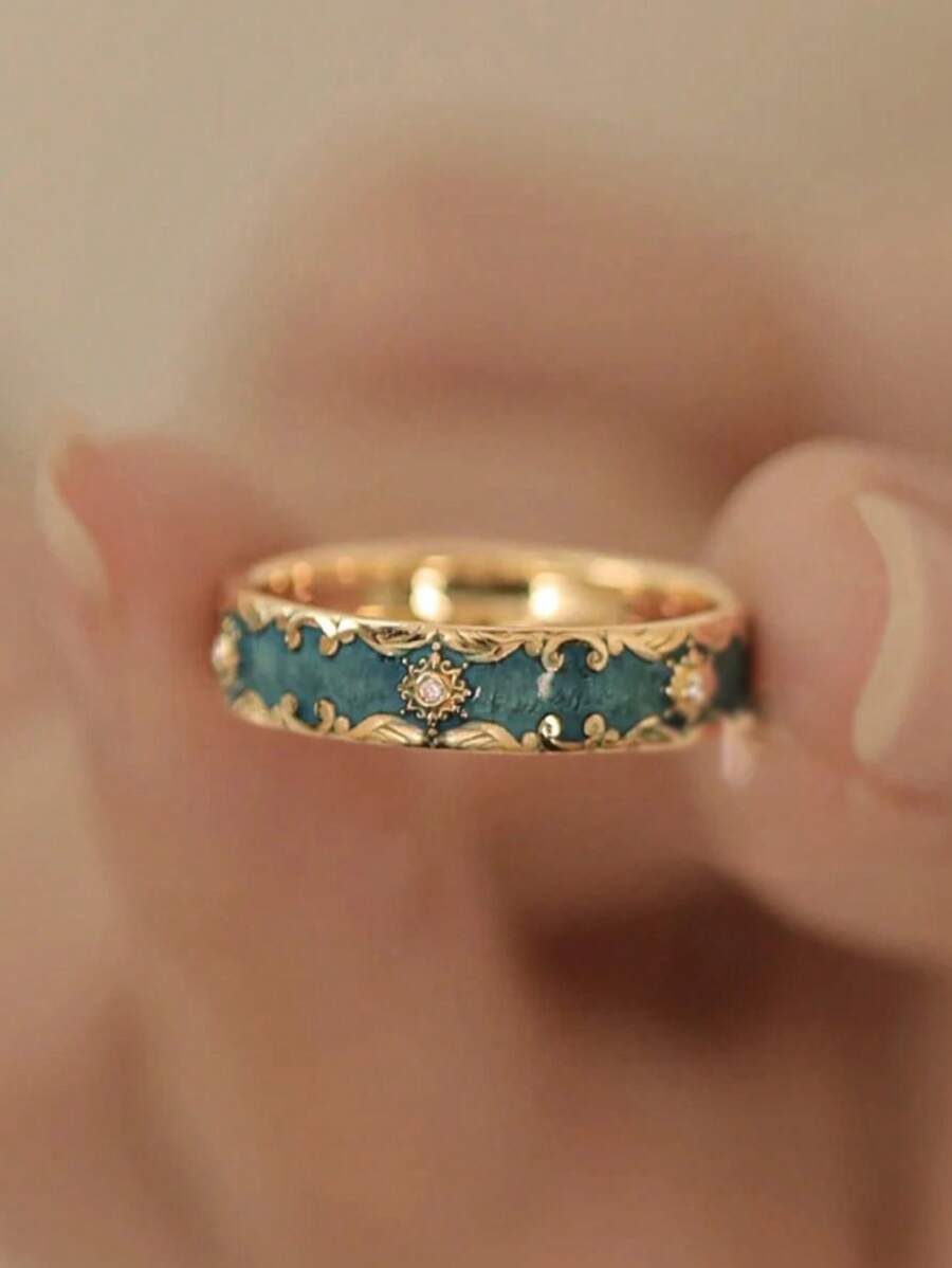 1pc Unique Floral Pattern Delicate Elegant Green Enamel Adjustable Ring