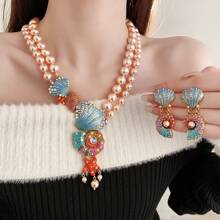 2 pièces Ensemble de collier et boucles d'oreilles avec pendentif multicouche imitation perle, coquillage et étoile de style luxe océanique