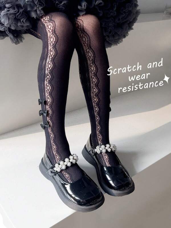 1pc Girls Bow & Heart Decor Pantyhose, Breathable Princess Style Socks, Fashion Cute Black Hollow Out Tights For Summer