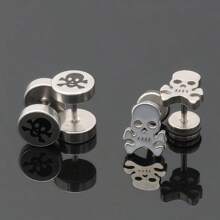 Stainless Steel Pirate Cake - Shaped Earrings With An Exaggerated Barbell Design And A Leather Ring For An Extra Eye - Catching Effect! Wearing Them Alone In Daily Life Gives A Rebellious And Artistic Vibe, While Wearing Multiple Pairs Together Instantly Makes You The Focus Of The Party.