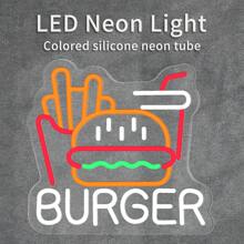 1 pezzo Insegna al neon di hamburger e patatine per decorazione da parete, luce al neon di hamburger e patatine francesi di 32,0 cm x 30,0 cm , segni di fast food per casa, ristorante, bar, caverna dell uomo, decorazione, Eid Al-Adha Mubarak