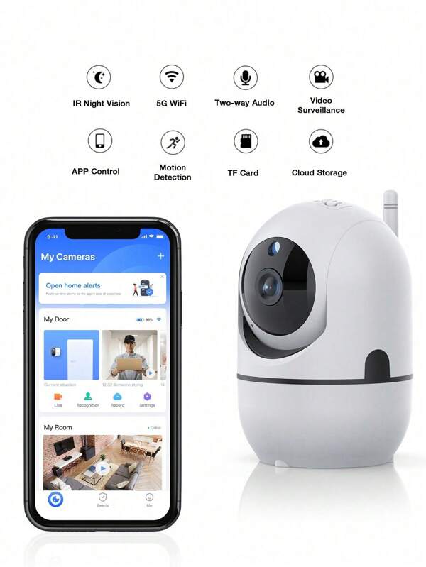 1pc 2MP HD 1080P Security Camera, 5G Wireless WiFi IP Camera With 360° Horizontal/110° Vertical Rotation, Auto Tracking, Night Vision, Motion Detection, Two-Way Intercom And Alarm System For Home Indoor/Outdoor Use