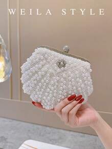 Luxury Pearl Clutch Bag For Women, Shell Beads Handbag For Formal Dress, Party, Wedding, Evening Gown, Rhinestone Shoulder Bag, Elegant Fashion Clutch Purse