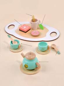 1 Set de té de madera para niños pequeños de 3+ años - Juguete de postre de Set simulado con tetera y galletas, regalo educativo Montessori para Sets de roles, juguete imaginativo para fiesta de cumpleaños