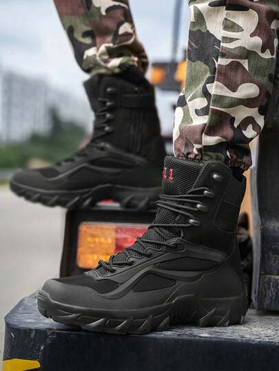 Botas militares de exterior de caña alta para hombres, botas de senderismo cómodas y transpirables, botas de combate para entrenamiento y trabajo, botas tácticas de alta caña con cordones, suela gruesa y antideslizante, adecuadas para escenarios militares, con tela resistente y botas de goma para trabajo