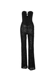 WOWDARK Women Sexy Flocked Bandeau Jumpsuit, For Autumn - Black - View 4