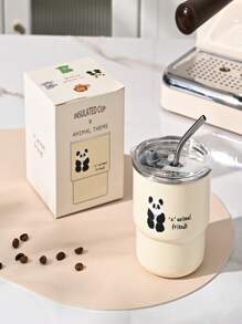 304 Stainless Steel Cartoon Water Cup With Straw And Transparent Lid Couple Water Cup Outdoor Camping Cup Ins Simple Coffee Cup