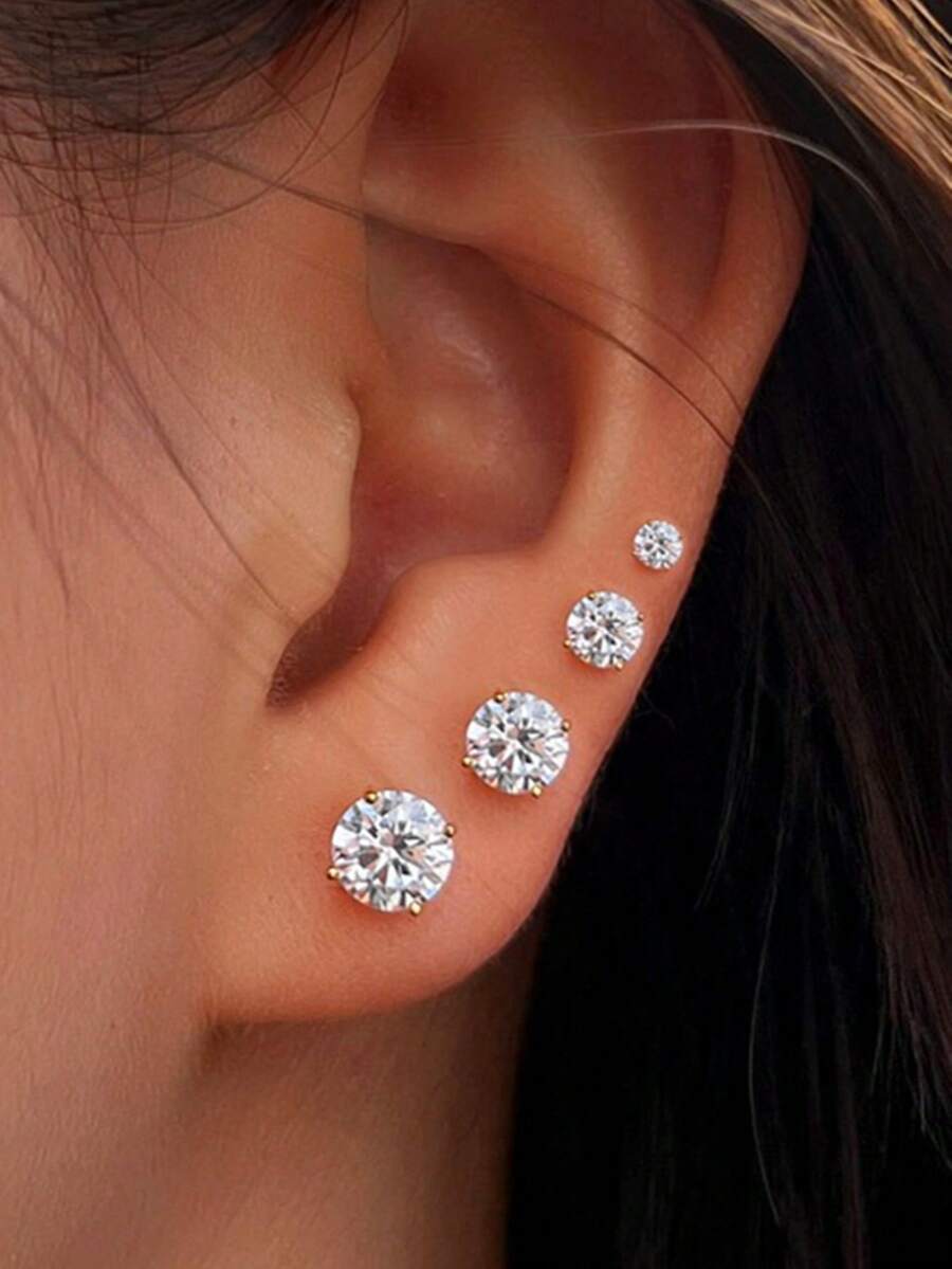 8 件圆形立方氧化锆 CZ 耳钉套装，男女通用，防过敏银/金不锈钢螺旋穿孔耳环，适合日常、派对、度假、佩戴珠宝配饰礼物 - 如圖所示 - 查看 1