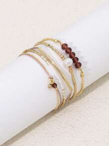 Juego de 5 pulseras elegantes ajustables con cuentas falsas de perla en capas, cuentas de cristal artificial, estilo bohemio, regalo para mujeres, uso diario, playa, vacaciones