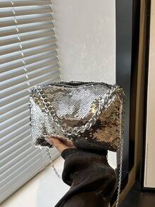 Fashionable Silver Sequin Shoulder/Crossbody Small Square Bag - Bright silver - View 4