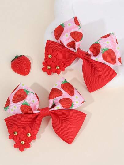 2pcs Girls Red Fabric Flowers Hair Bows,Strawberries Print Bow Hair Clips,Fashion Hair Accessories For Girls Teens Spring Summer Travel Party Gifts