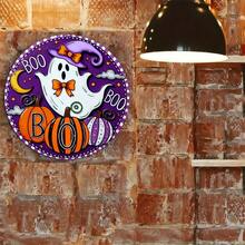 20x20cm（7.8x7.8 英寸）2D 印刷金属牌匾 - 复古万圣节墙壁装饰，带有鬼魂、南瓜和女巫帽设计，适用于门廊、房间、窗户、墙壁、车库、谷仓、酒吧、咖啡厅 - 完美的节日礼物 - 彩色 - 查看 9