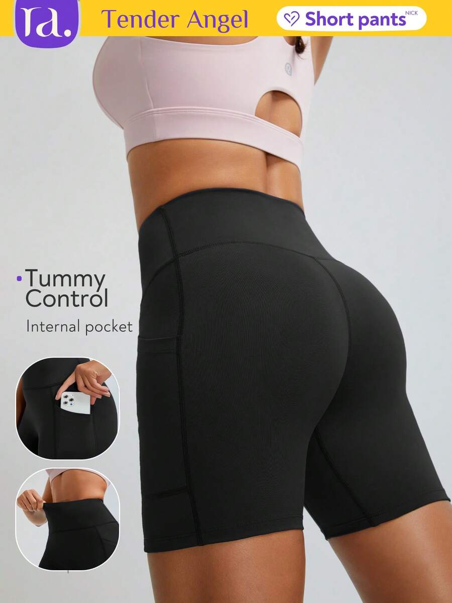 Shorts esportivos femininos de cintura alta Tender Angel, shorts finos de ioga respiráveis de secagem rápida com bolsos, adequados para treino, corrida e fitness - Preto - Ver 1