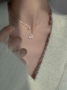 1pc Fashion Double Butterfly Necklace, Suitable For Girls' Daily Wear - Multicolor - View 3