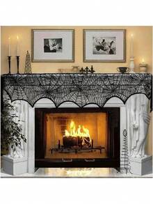 1 件万圣节黑色蕾丝蜘蛛网壁炉斗篷围巾套装，节日派对装饰，万圣节派对气氛道具