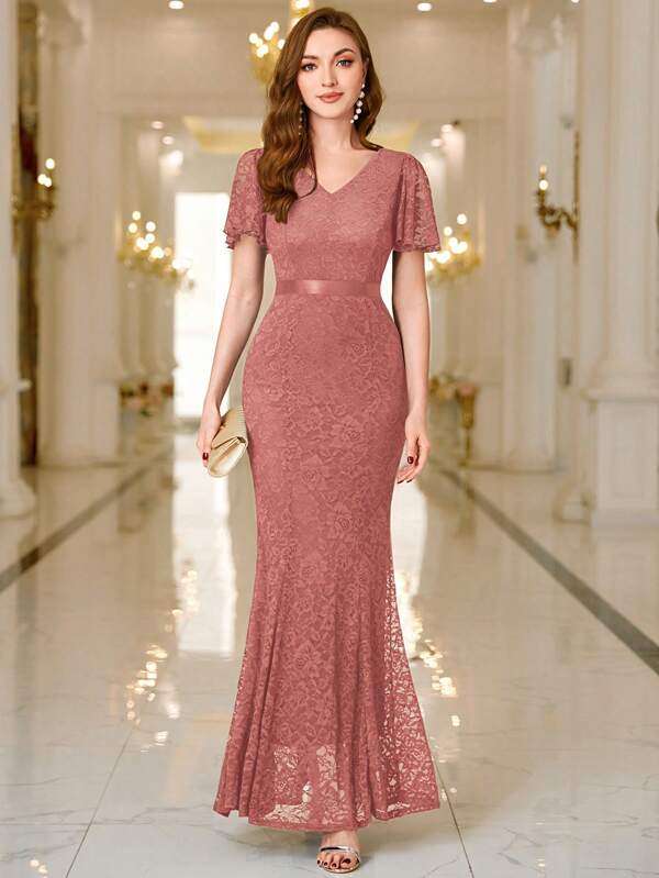 Elegant V-Neck Full Lace Ruffle Sleeve Mermaid Hem Formal Evening Party Maxi Dress, For Homecoming, Wedding Guest, Graduation